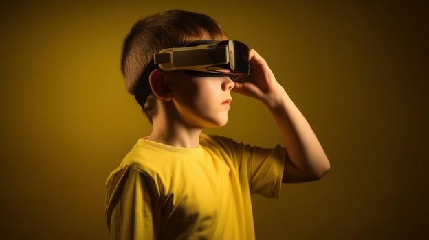 Child wearing VR glasses and wandering in the imagination. . photo