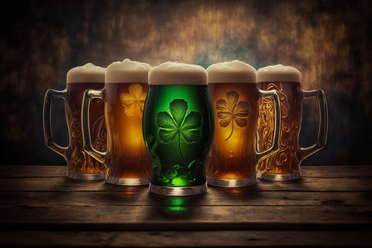 Five beer mug of green Irish beer in pub. St. Patrick's day concept. photo