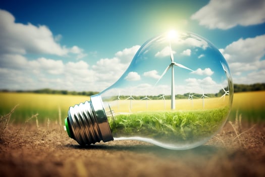 Green energy concept. Electric lightbulb and wind turbines. photo