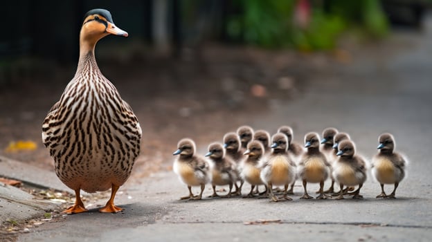 funny duck bird family walking street photo