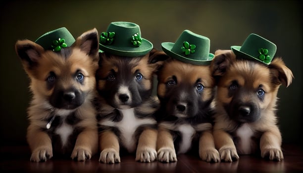 Adorable cute funny Shepherd breed puppy dogs wearing green St Patrick's Day hats. photo
