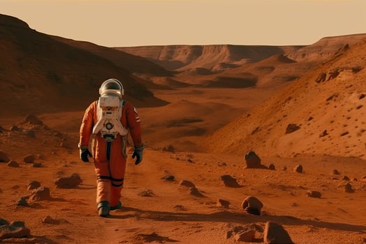 An astronaut in a space suit walks around the red planet of the solar system Mars, generative A. photo