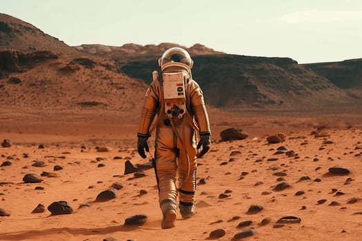 An astronaut in a space suit walks around the red planet of the solar system Mars, generative A. photo