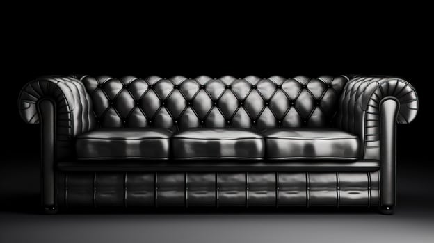 Chesterfield sofa made of black leather on a dark background, isolate. . photo