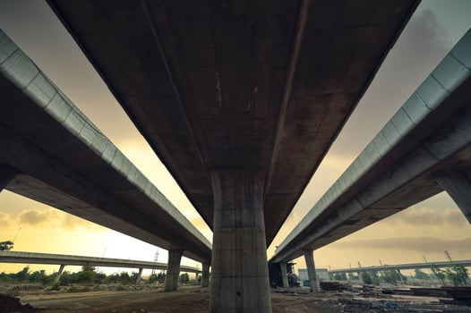 Construction of asphalt highways and overpasses in Asia, view of road junction against the sky photo