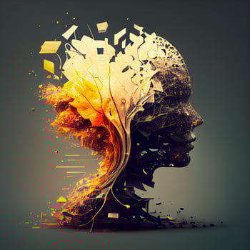 Abstract human head with fire effect on grey background. 3d rendering, Image photo