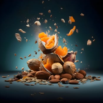 Walnuts splashing out of a wooden bowl on a black background, Image photo