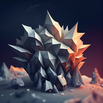 abstract 3d illustration of low poly house in the desert with mountains, Image photo
