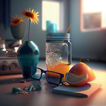 Cocktail in a glass jar with lemon and sunflowers. 3d rendering, Image photo