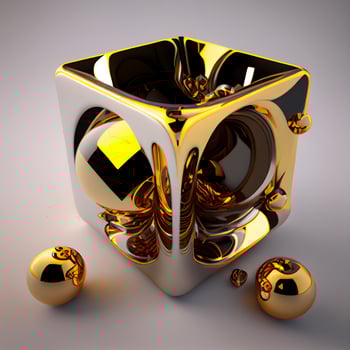 3d illustration of abstract geometric cube with gold and black balls., Image photo
