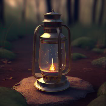 Lantern in the forest. 3D illustration. Vintage style., Image photo