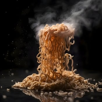 Instant noodles with smoke on a black background. Close-up., Image photo