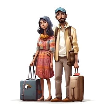 Full length portrait of a young asian muslim couple with luggage and digital tablet isolated on white background, Image photo