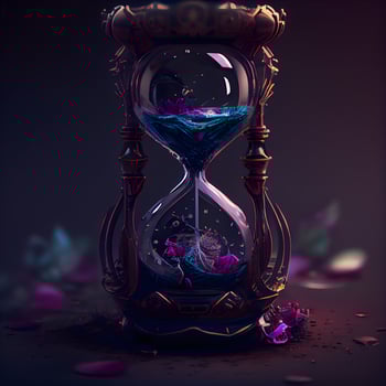 Hourglass with roses and petals on dark background. 3D rendering, Image photo