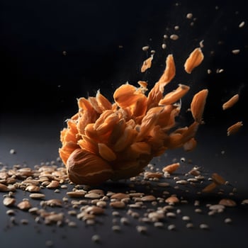 Falling walnuts with splashes of nuts on a black background, Image photo