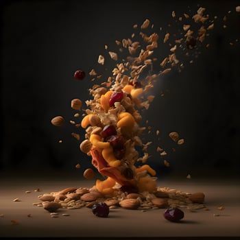 Falling fruits and nuts on wooden table. 3d rendering., Image photo