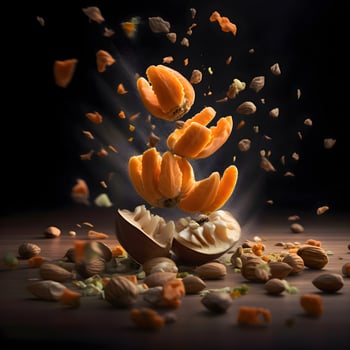 Falling walnuts on a dark background. Creative composition with nuts., Image photo