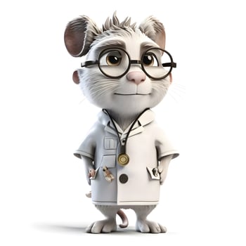 Cartoon mouse in a lab coat holding a magnifying glass and a thermometer photo