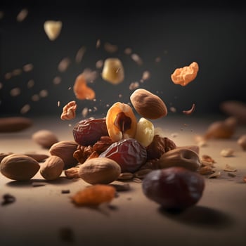 Falling apricots and nuts on a wooden table with a black background, Image photo