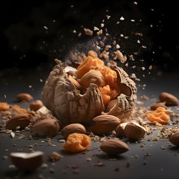 Various kinds of nuts and dried fruits falling on a black background., Image photo