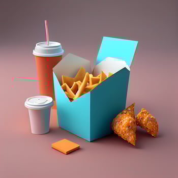 Fast food 3d illustration with french fries, cola and hamburger, Image photo
