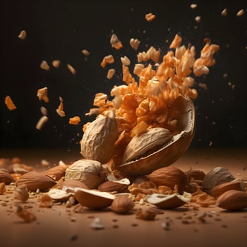falling nuts on a black background, 3d rendering, toned image, Image photo