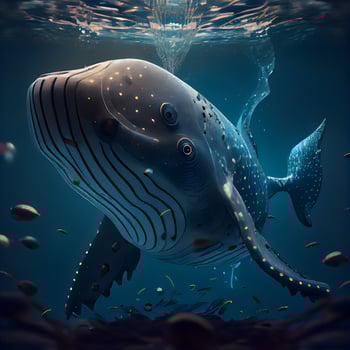Whale swimming underwater in deep blue ocean. 3D illustration., Image photo