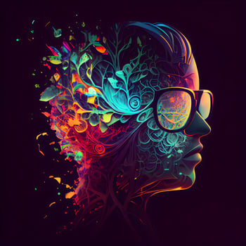 Beautiful woman face with colorful floral ornament on dark background. illustration., Image photo