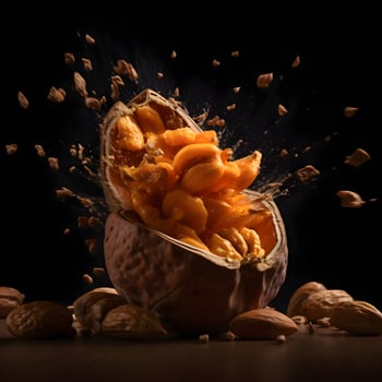 Pile of mixed nuts falling into the bowl with splashes on black background, Image photo