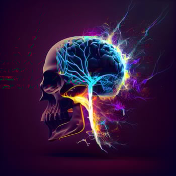 Human skull with glowing brain. 3d illustration. Isolated on dark background., Image photo