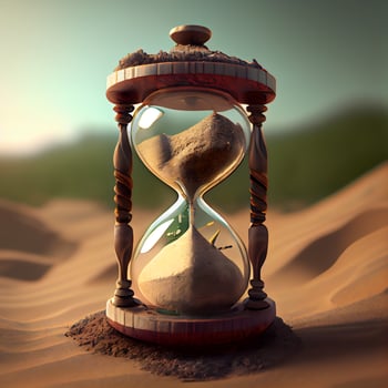 Hourglass in sand desert. Conceptual image. 3d render, Image photo