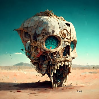 Skull in the desert, digital painting effect. 3d illustration, Image photo