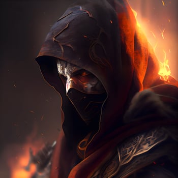 Man in death costume with fire and smoke on dark background. Halloween concept. photo