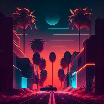Night city street with palm trees and road at night. illustration, Image photo