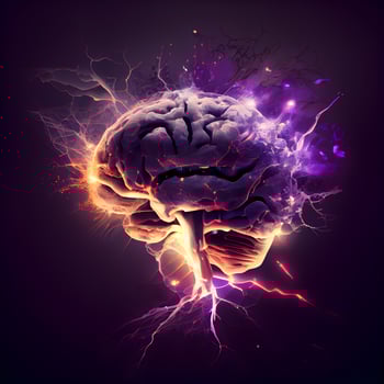 Human brain with lightning on a dark background. 3D illustration., Image photo