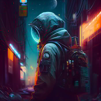 Astronaut in the night city. Futuristic space background., Image photo