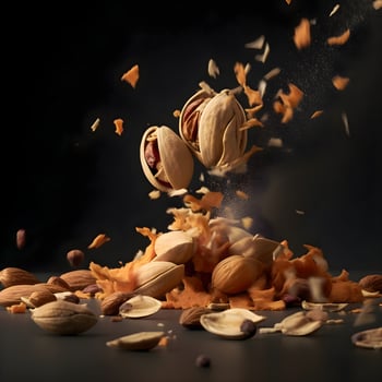 Orange splashing out of the glass on a dark background with nuts photo