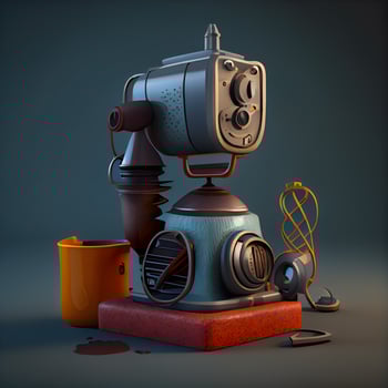 Vintage movie camera with headphones and cup of coffee on dark background, Image photo