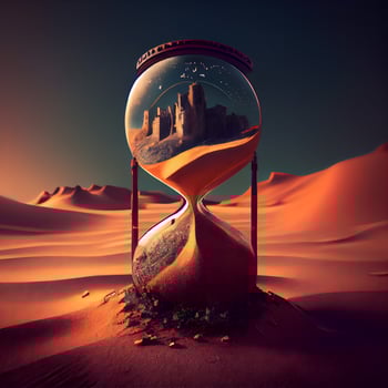 Sand clock in sand desert. 3D rendering. Time concept., Image photo