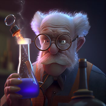 Old scientist with a flask in his hand. 3D illustration., Image photo