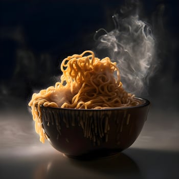 Instant noodles in black bowl on wooden table with smoke, studio shot photo