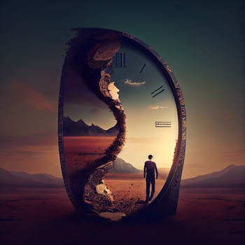 Time concept with businessman standing in the middle of the desert. Collage., Image photo