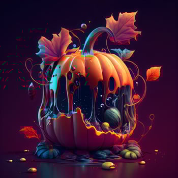 Halloween pumpkins with autumn leaves and candies. 3d illustration, Image photo