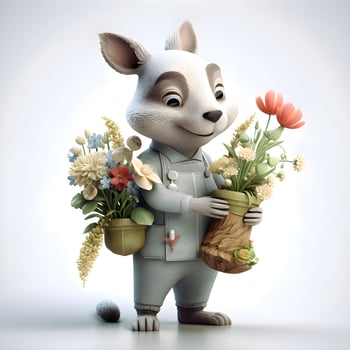 Easter bunny with easter eggs and flowers. 3D rendering, Image photo
