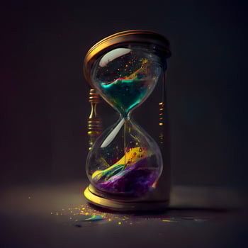 Colorful hourglass with flowing sand on a dark background. Time concept, Image photo
