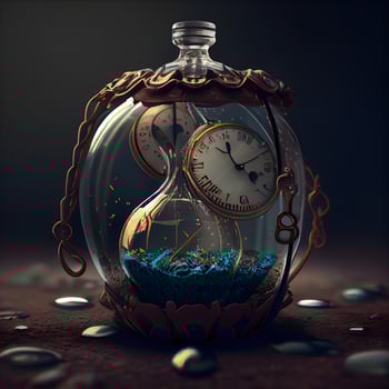 Vintage clock in a glass jar on a dark background. 3d rendering, Image photo