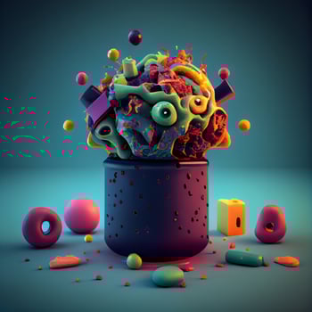 3d illustration of a cauldron full of multicolor balloons, Image photo