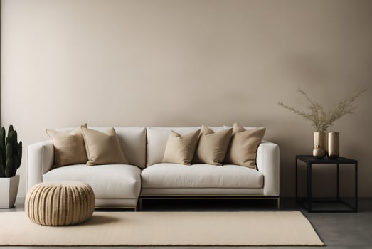 interior design of living room with copy space, beige sofa, side table, leaf in vase, pouf, elegant accessories and boucle rug. beige wall. minimalist home decor.., photo