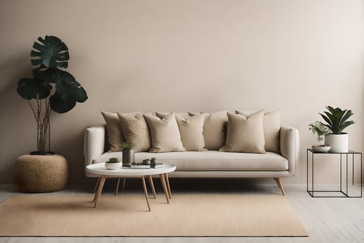 interior design of living room with copy space, beige sofa, side table, leaf in vase, pouf, elegant accessories and boucle rug. beige wall. minimalist home decor. template., photo