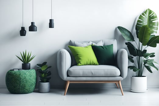simple urban jungle style interior with grey armchair, green plaid, tropical pattern pillow and plant on white wall background. 3d rendering., photo
